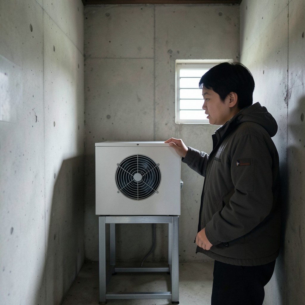 빌라 다용도실 환기구 옆에 놓인 소형 채굴 기기를 바라보는 점검 장면